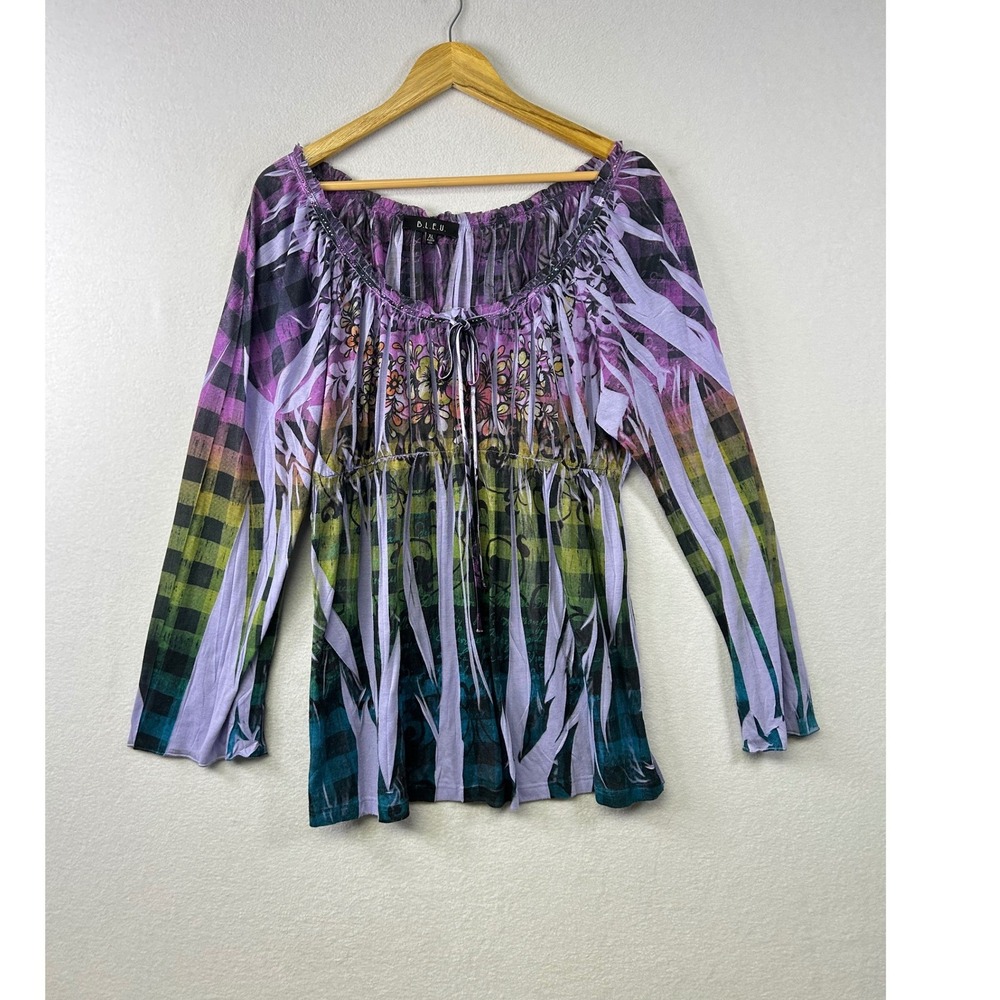 BLEU Women's XL Long Sleeve Tie Neck Ruffle‎ Trim Sheer Print Tunic Top